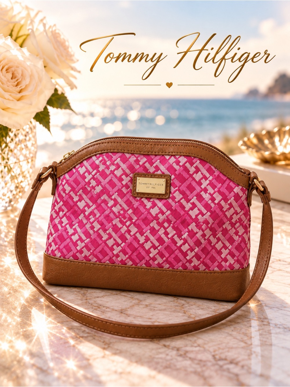 Tommy Hilfiger Pink Patterned Crossbody with Brown Trim